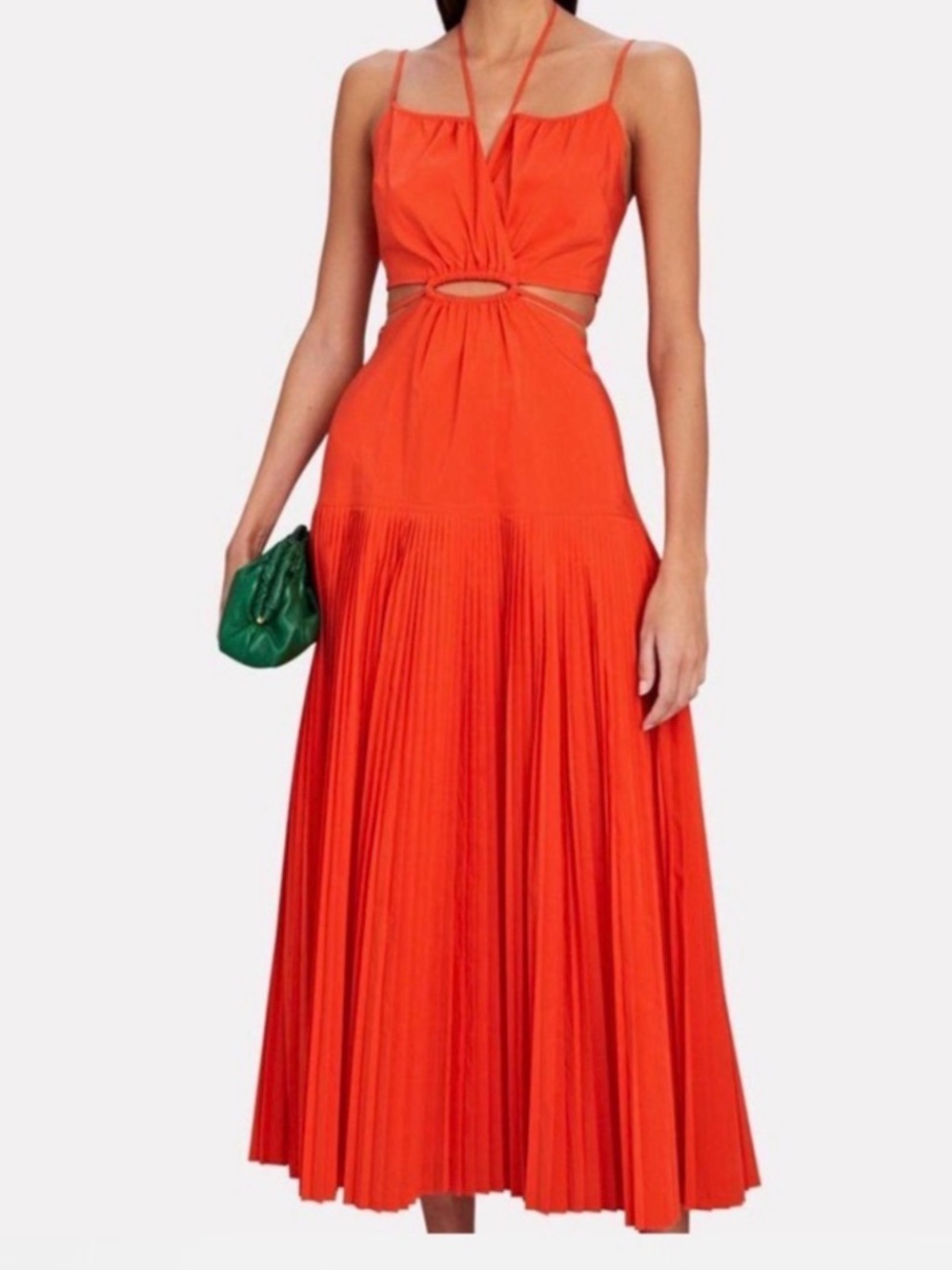 Jonathan Simkhai Bright Orange Pleated Midi Dress with Waist Cutouts